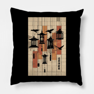 Japanese Mid-Century Geometric - Vintage Lantern Bird Art Pillow