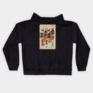 Japanese Mid-Century Geometric - Vintage Lantern Bird Art Kids Hoodie