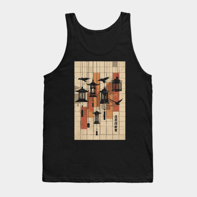 Japanese Mid-Century Geometric - Vintage Lantern Bird Art Tank Top by TuncGK