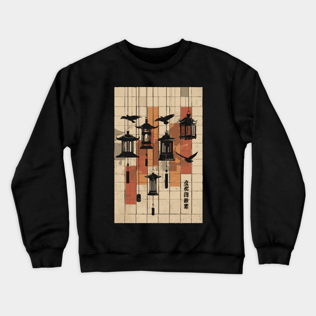 Japanese Mid-Century Geometric - Vintage Lantern Bird Art Crewneck Sweatshirt by TuncGK