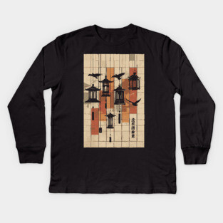 Japanese Mid-Century Geometric - Vintage Lantern Bird Art Kids Long Sleeve T-Shirt