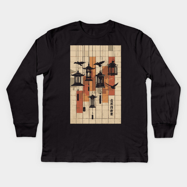 Japanese Mid-Century Geometric - Vintage Lantern Bird Art Kids Long Sleeve T-Shirt by TuncGK