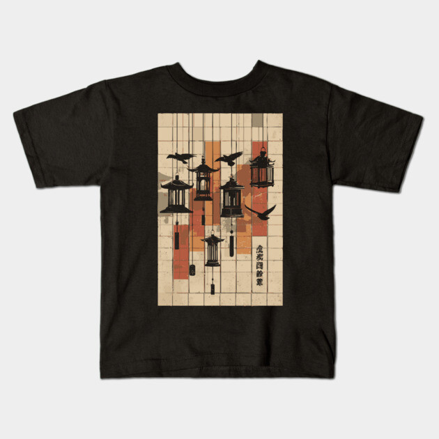 Japanese Mid-Century Geometric - Vintage Lantern Bird Art Kids T-Shirt by TuncGK