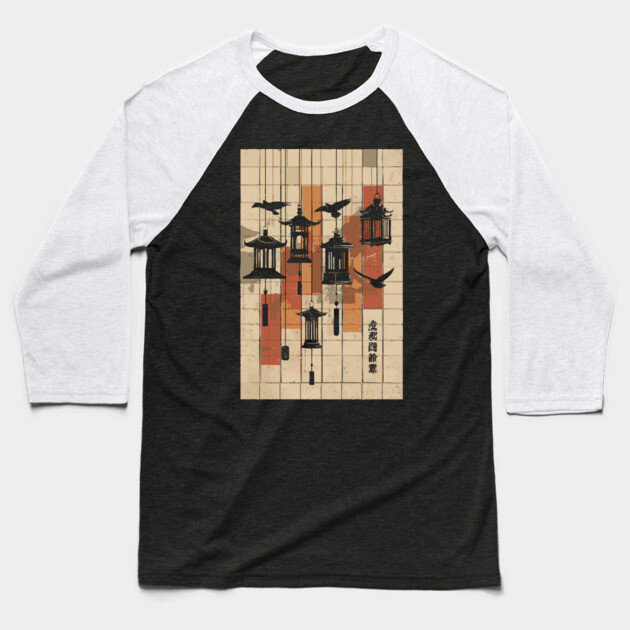 Japanese Mid-Century Geometric - Vintage Lantern Bird Art Baseball T-Shirt by TuncGK