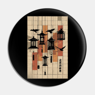 Japanese Mid-Century Geometric - Vintage Lantern Bird Art Pin