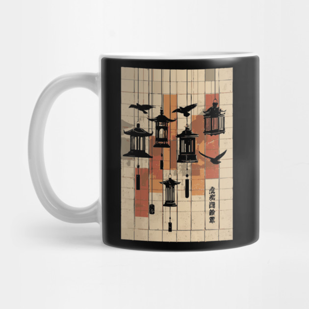 Japanese Mid-Century Geometric - Vintage Lantern Bird Art by TuncGK