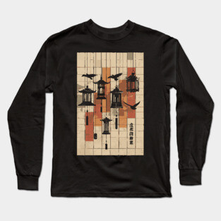 Japanese Mid-Century Geometric - Vintage Lantern Bird Art Long Sleeve T-Shirt