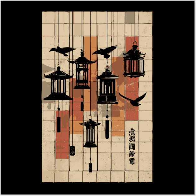 Japanese Mid-Century Geometric - Vintage Lantern Bird Art Wall Art by TuncGK