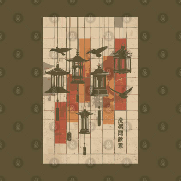 Japanese Mid-Century Geometric - Vintage Lantern Bird Art by TuncGK