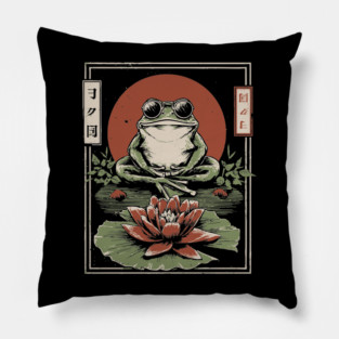 Cool Zen Frog with Aviators - Vintage Japanese Art Pillow