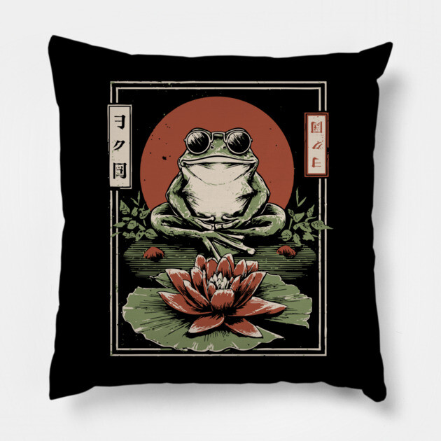 Cool Zen Frog with Aviators - Vintage Japanese Art Pillow by TuncGK