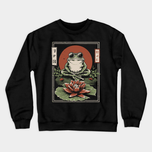 Cool Zen Frog with Aviators - Vintage Japanese Art Crewneck Sweatshirt by TuncGK