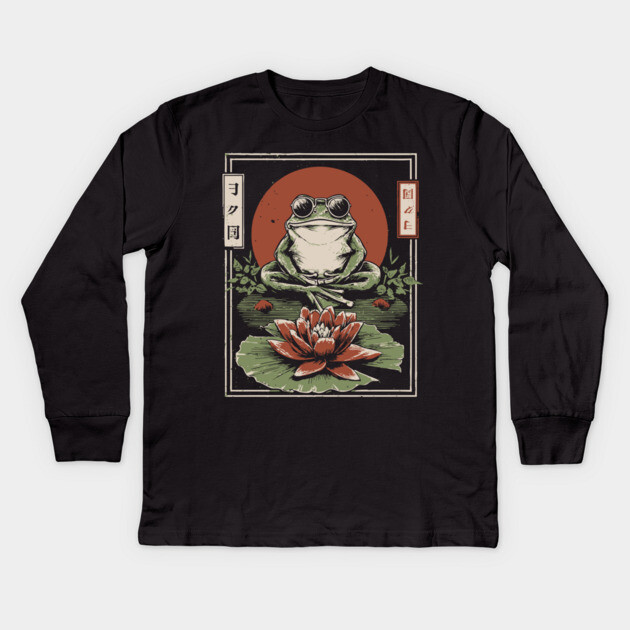 Cool Zen Frog with Aviators - Vintage Japanese Art Kids Long Sleeve T-Shirt by TuncGK