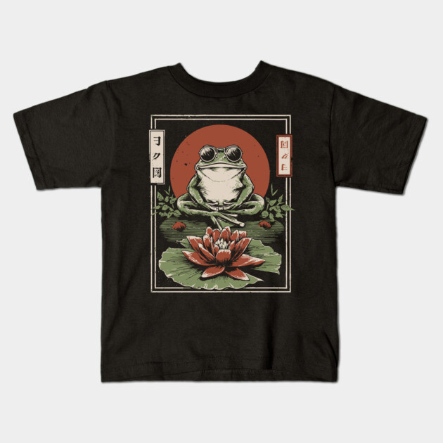 Cool Zen Frog with Aviators - Vintage Japanese Art Kids T-Shirt by TuncGK