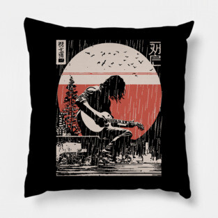 Japanese Guitarist in Rain - Vintage Moody Music Art Pillow
