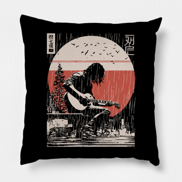 Japanese Guitarist in Rain - Vintage Moody Music Art Pillow by TuncGK