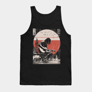 Japanese Guitarist in Rain - Vintage Moody Music Art Tank Top