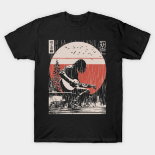 Japanese Guitarist in Rain - Vintage Moody Music Art T-Shirt