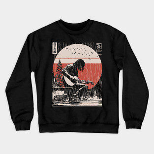 Japanese Guitarist in Rain - Vintage Moody Music Art Crewneck Sweatshirt