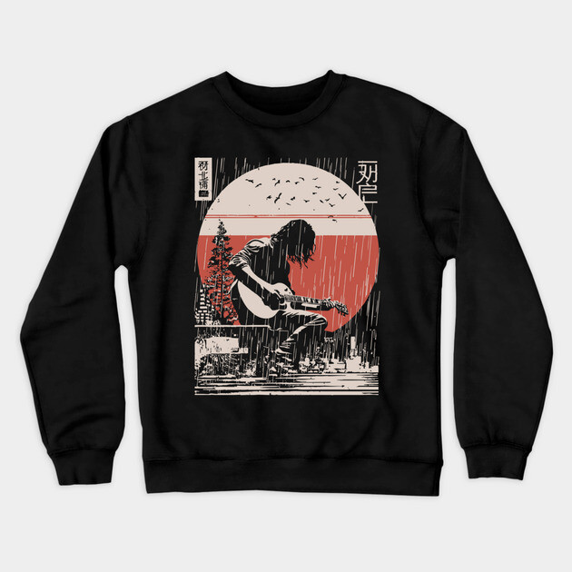 Japanese Guitarist in Rain - Vintage Moody Music Art Crewneck Sweatshirt by TuncGK