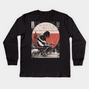 Japanese Guitarist in Rain - Vintage Moody Music Art Kids Long Sleeve T-Shirt