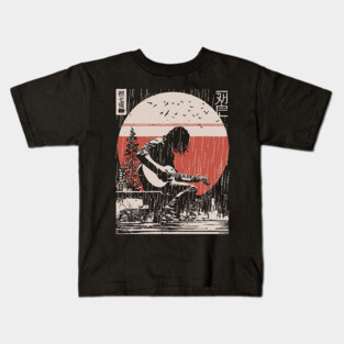 Japanese Guitarist in Rain - Vintage Moody Music Art Kids T-Shirt