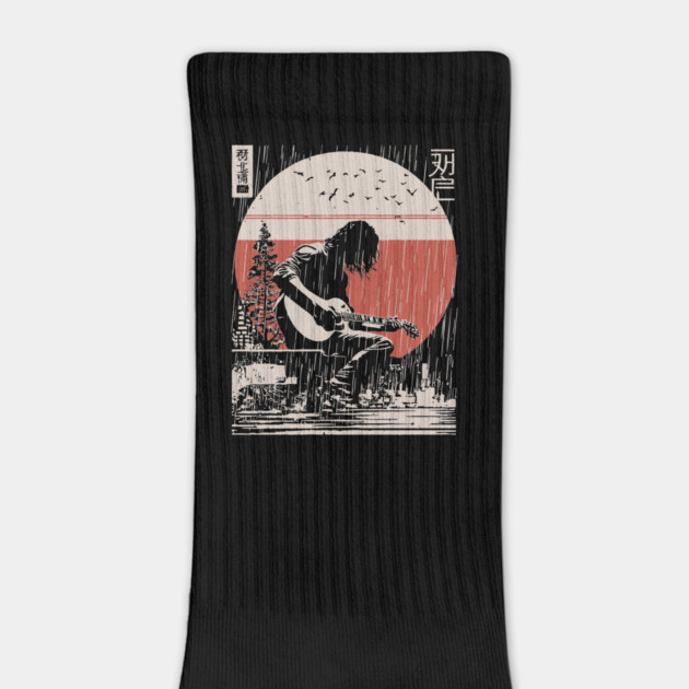 Japanese Guitarist in Rain - Vintage Moody Music Art by TuncGK