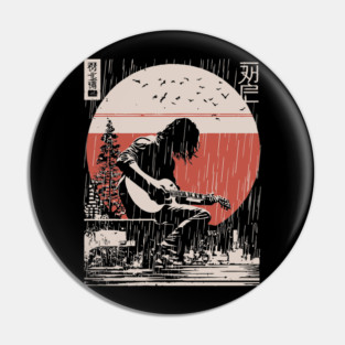 Japanese Guitarist in Rain - Vintage Moody Music Art Pin