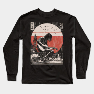Japanese Guitarist in Rain - Vintage Moody Music Art Long Sleeve T-Shirt