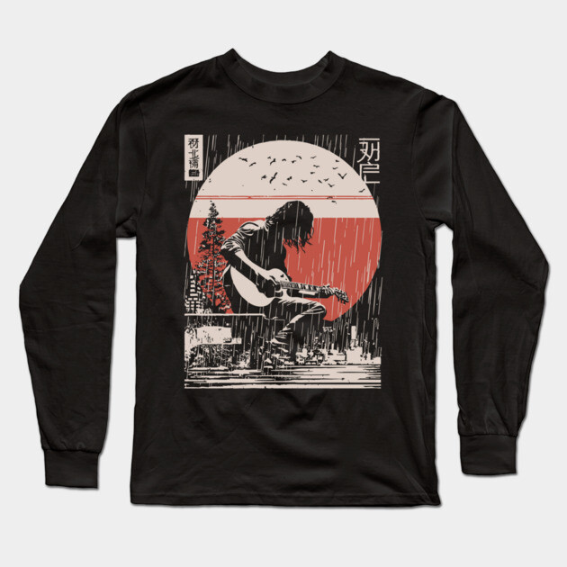 Japanese Guitarist in Rain - Vintage Moody Music Art Long Sleeve T-Shirt by TuncGK