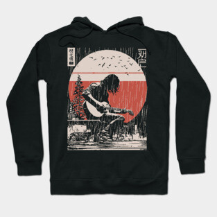 Japanese Guitarist in Rain - Vintage Moody Music Art Hoodie