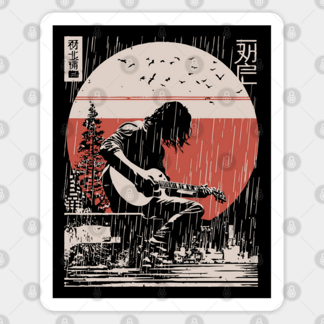 Japanese Guitarist in Rain - Vintage Moody Music Art Sticker by TuncGK