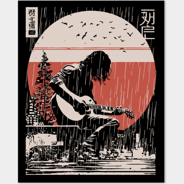 Japanese Guitarist in Rain - Vintage Moody Music Art Wall Art by TuncGK