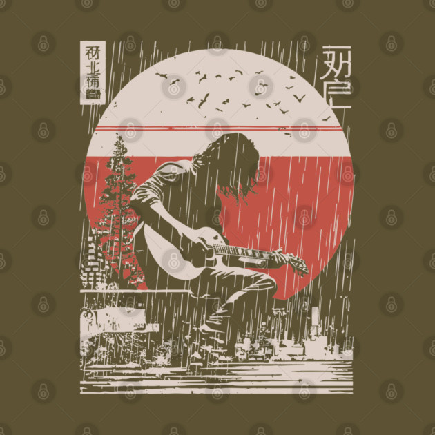 Japanese Guitarist in Rain - Vintage Moody Music Art by TuncGK