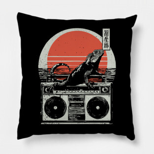Retro Iguana Boombox - Vintage Japanese Beach Vibes Pillow