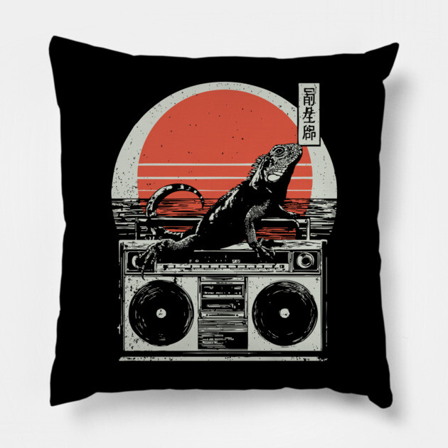 Retro Iguana Boombox - Vintage Japanese Beach Vibes Pillow by TuncGK