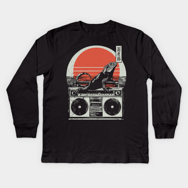Retro Iguana Boombox - Vintage Japanese Beach Vibes Kids Long Sleeve T-Shirt by TuncGK