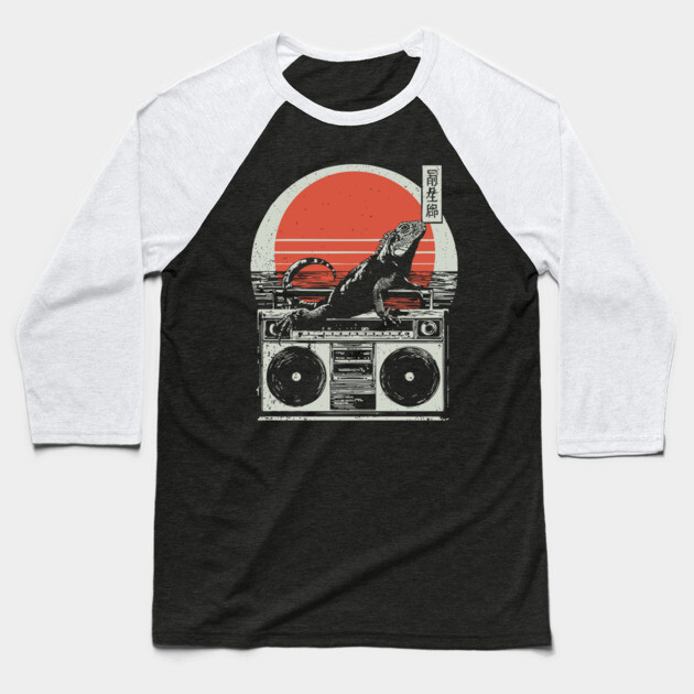 Retro Iguana Boombox - Vintage Japanese Beach Vibes Baseball T-Shirt by TuncGK