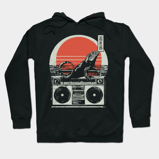 Retro Iguana Boombox - Vintage Japanese Beach Vibes Hoodie by TuncGK