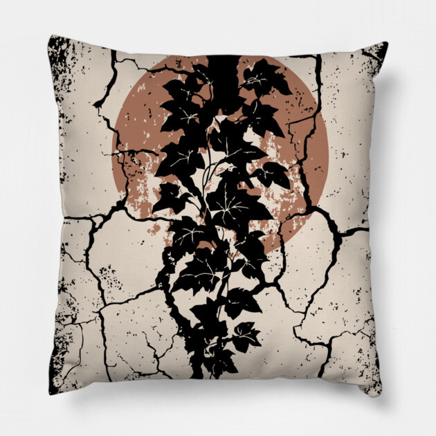 Japanese Ivy on Cracked Wall - Vintage Wabi Sabi Art Pillow by TuncGK