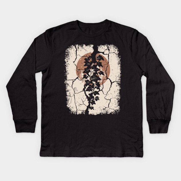 Japanese Ivy on Cracked Wall - Vintage Wabi Sabi Art Kids Long Sleeve T-Shirt by TuncGK