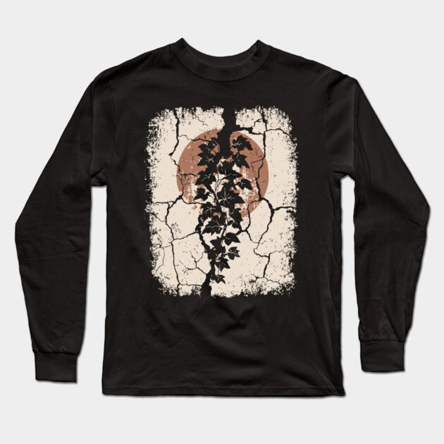 Japanese Ivy on Cracked Wall - Vintage Wabi Sabi Art Long Sleeve T-Shirt by TuncGK