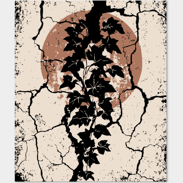 Japanese Ivy on Cracked Wall - Vintage Wabi Sabi Art Wall Art by TuncGK