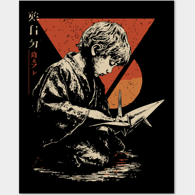 Japanese Origami Crane Kid - Vintage Art of Patience Wall Art by TuncGK