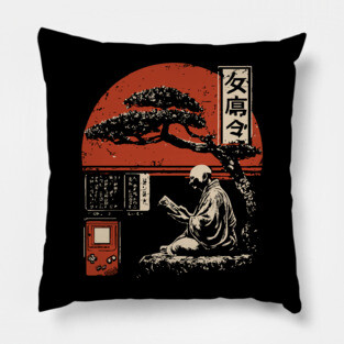 Zen Monk Gamer - Vintage Japanese Retro Gaming Art Pillow