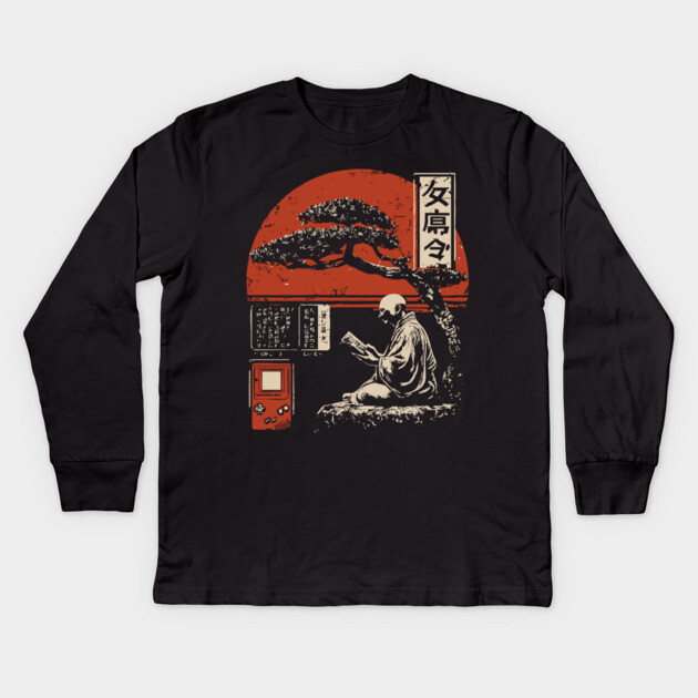 Zen Monk Gamer - Vintage Japanese Retro Gaming Art Kids Long Sleeve T-Shirt by TuncGK