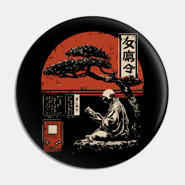 Zen Monk Gamer - Vintage Japanese Retro Gaming Art Pin by TuncGK