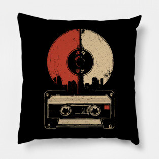 Retro Music City Skyline - Vintage Cassette & Vinyl Art Pillow