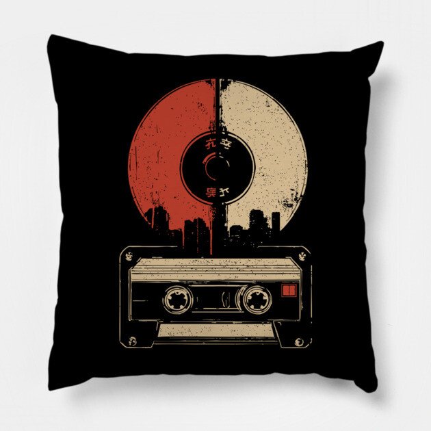 Retro Music City Skyline - Vintage Cassette & Vinyl Art Pillow by TuncGK