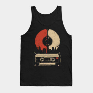 Retro Music City Skyline - Vintage Cassette & Vinyl Art Tank Top